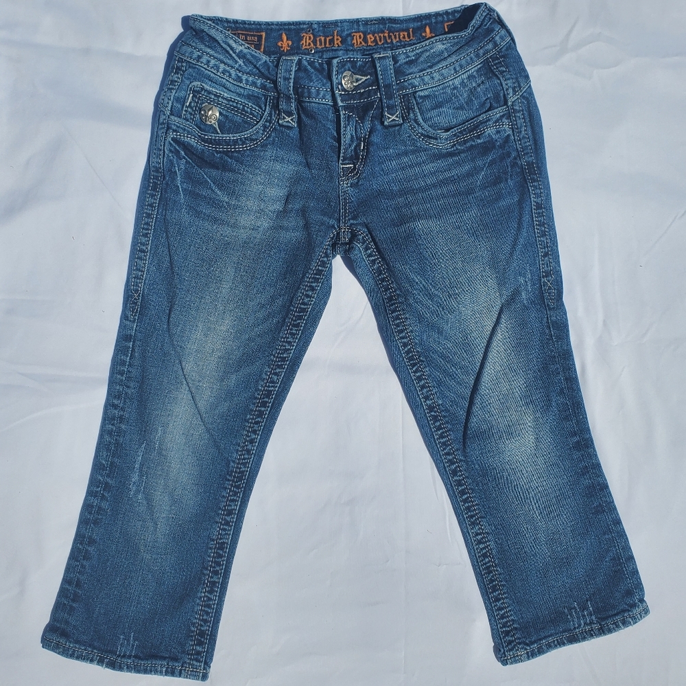 SOLD - Rock Revival Adele Capri Jean 26 Straight Denim Embroidered Fleur-de-lis